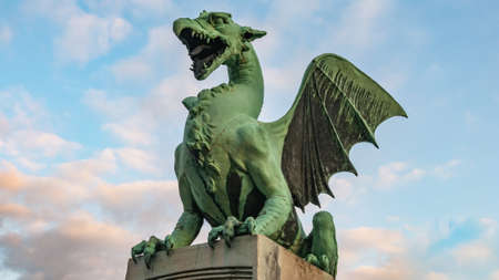View of the Dragon bridge (Zmajski most), symbol of Ljubljana, capital of Slovenia, Europe.の写真素材