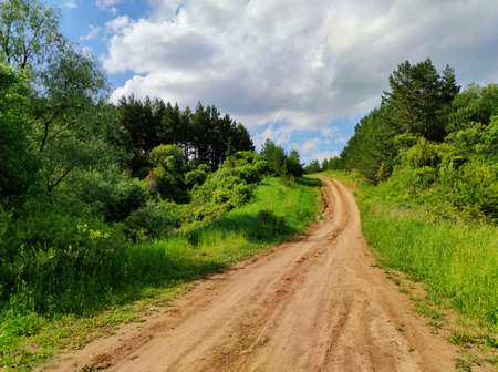 sunny blue sky with clouds over a country road leading uphill among green grass and trees