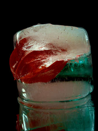 red physalis frozen in a block of ice, symbolizes patriotic ideas in creative and abstract photographyの写真素材