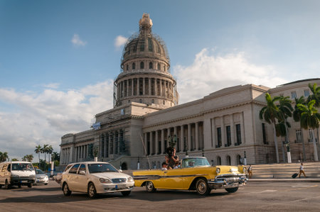 Camera operator on a classic convertible car filming in the old Havana with the Capitol in the background. Havana Cuba. May 11, 2015のeditorial素材