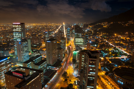 Bogota at night, photo taken from one of the tallest buildings in the city where you can see the most important financial buildings in the city. Bogota Colombia . October 22, 2010のeditorial素材