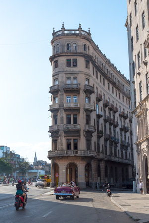 Corner building typical colonial style of the Cuban streets Havana. Cuba February 2, 2019のeditorial素材