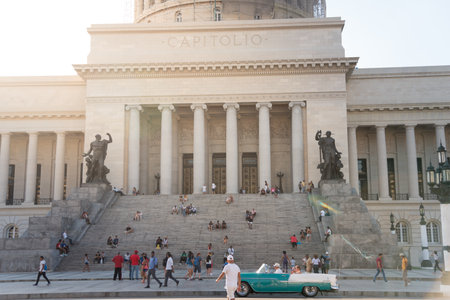 Staircase at the entrance to the facade of the Capitol of Havana where students and pedestrians sit to rest. Havana Cuba. February 2, 2019のeditorial素材