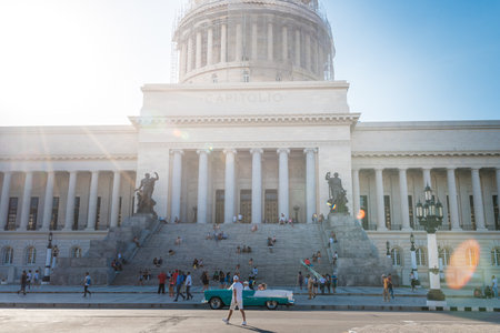 Staircase at the entrance to the facade of the Capitol of Havana where students and pedestrians sit to rest. Havana Cuba. February 2, 2019のeditorial素材