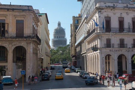 Streets of the old Havana road to the capitol where the sloppy joe's bar is located. One of the traditional places seen by tourists in Cuba. Havana Cuba. 2 January 2019のeditorial素材