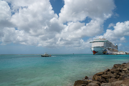 The Aida Perla Cruise anchored in the port of Oranjestad, is one of the most modern and with a new ecological concept in this type of ship. Oranjestad. Aruba January 23, 2019のeditorial素材