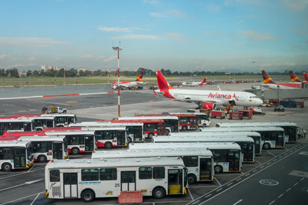 Avianca airline plane preparing to leave and loading luggage at the airport in Bogota. El Dorado airport. Bogota Colombia . April 25, 2019のeditorial素材