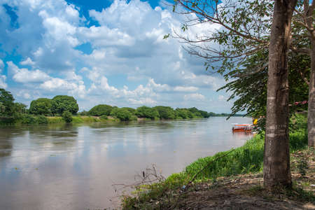 River bank with leafy trees. Mompox Colombia.の写真素材