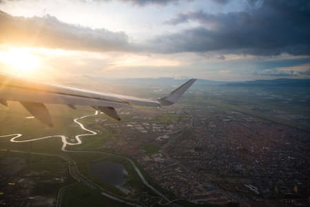 View from airplane window taking off over the city of Bogota. Colombia.