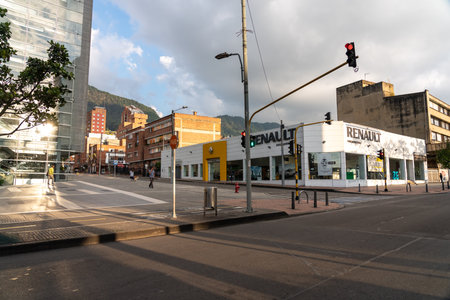 Almost empty street product of the quarantine decreed in the city by the coronavirus. BogotÃ¡. Colombia. March 22, 2020.のeditorial素材