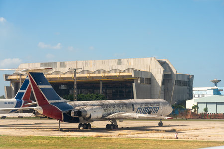 Old plane of the airline called Cubana, parked in disuse at the Havana airport. Havana. Cuba....