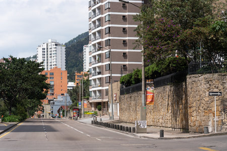 Avenida 7 one of the busiest streets in Bogota. These days completely empty in broad daylight due to the declared quarantine in the country due to the COVID -19 pandemic. Bogota Colombia April 12, 202のeditorial素材