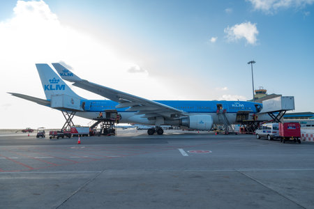 Airplane of the Dutch airline KLM refueling at Queen Beatrix International Airport. Oranjestad. Aruba. 24 February 2019のeditorial素材