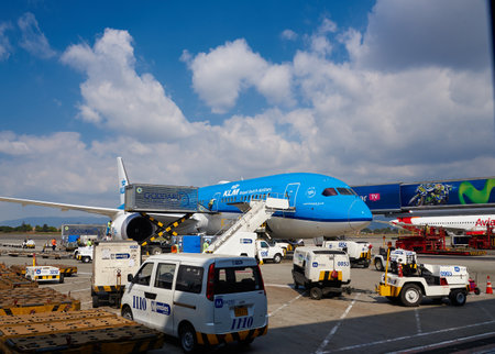 Dutch airline Klm plane parked in the boarding area at El Dorado airport. Bogota. Colombia. February 8, 2018.のeditorial素材
