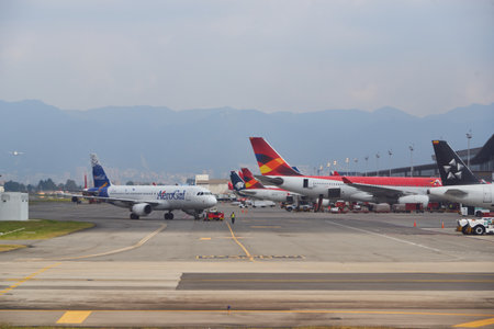 Aerogal plane arriving at the passenger landing area at El Dorado airport. Bogota Colombia. February 8, 2018.のeditorial素材