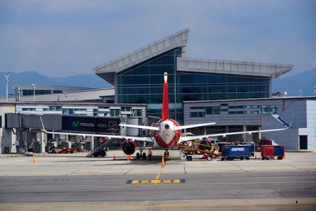 Avianca plane in front of the El Dorado airport building. Bogota Colombia. February 8, 2018.のeditorial素材
