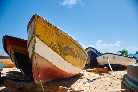Fisherman boat stranded on a beach on the island of San AndrÃ©s in Colombia.