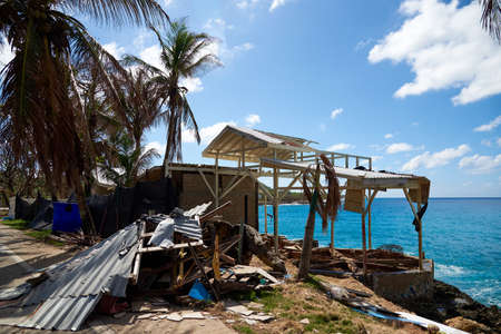 A small hut made of rubble from the passage of Hurricane Iota to the island of San Andres. Colombia.