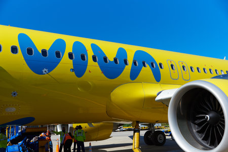 Fuselage with the Viva Air airline logo at the airport on the Caribbean island of San AndrÃ©s....