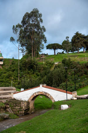 A vertical shot of a stone bridge surrounded by greenery under a cloudy sky