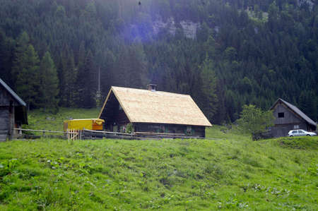 alpine hut in the mountains of the alpsの写真素材