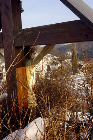 Jesus Christ hanging on cross outdoorsの写真素材