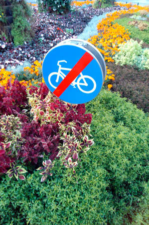 no cycling traffic sign in flowersの写真素材
