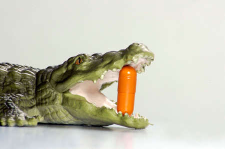 Toy crocodile with orange pill in it's mouth