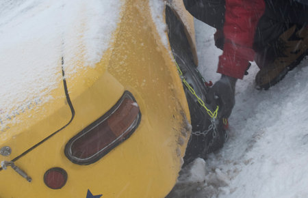 putting on snow chains on a car, road safety in winter