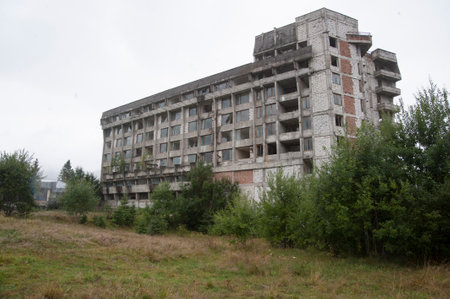 decay and structural damage in building, abandoned house in rural areaの写真素材