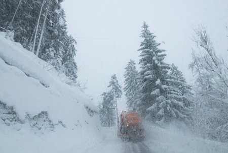 visibility conditions in road traffic when driving in a car in winterの写真素材