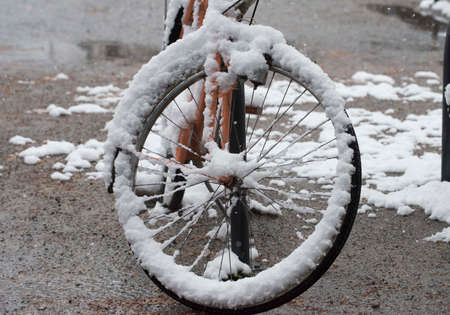 bicycle and snow in winter, environmentally friendly traffic and transportationの写真素材