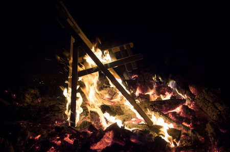 a campfire at the campsite, travel and vacation in natureの写真素材