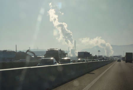 Freeway or highway traffic jam, waiting in the car on the road