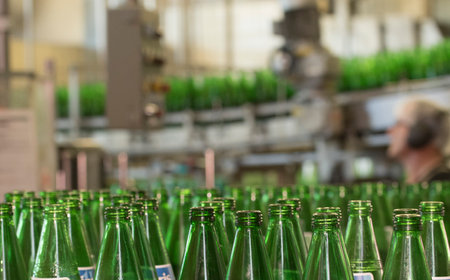 bottling of water in green bottles, in an industrial plant