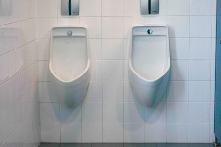 an urinal in a restroom, body hygiene and basic needsの写真素材