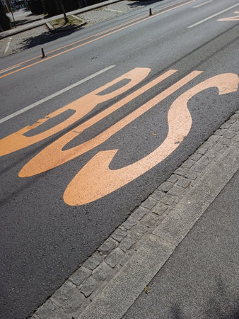 a bus lane marking on the street, public transport and road traffic