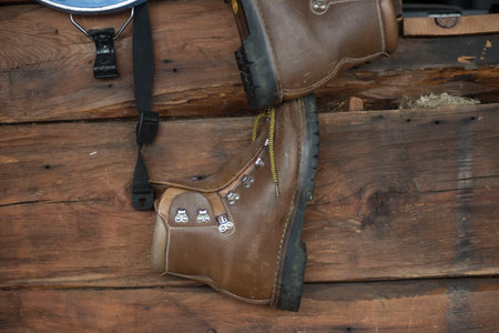 wearing hiking shoes in the mountains, hiking and outdoor activity in the alpsの写真素材