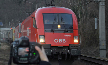 an OEBB locomotive or engine, a rail transport vehicle for trainのeditorial素材