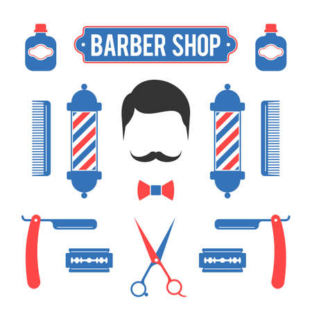 Composition of the set of red and blue colors icons for the Barber Shop. elements for your web design or print, linear illustration in flat styleのイラスト素材