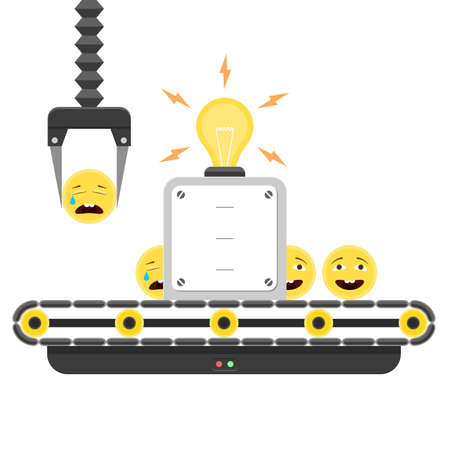 Concept of Sad to Happy emoticons. Conveyor system in flat design and emoji smiley. illustration isolated on white background for web banner design and printのイラスト素材