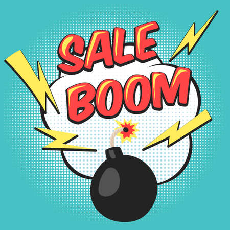 Bomb explosion flyer pop art comic mega sale discount promotion. Vector illustration background with...