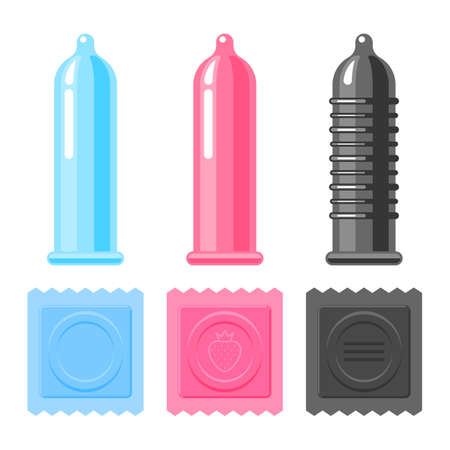 Colorful condoms set. Contraception, sex toy. Vector illustration flat style isolated icons on white backgroundのイラスト素材