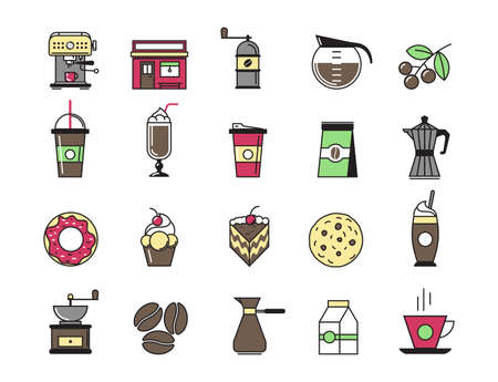 Coffeeshop exterior, coffee machine, cocktails and coffee equipment cafe with sweets retail service bakery. Line modern Flat design icon vector illustration set for your web designのイラスト素材