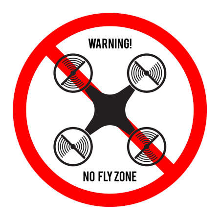 No drone fly zone icon. Warning and forbidden sign. Multicopter prohibited symbol. Vector illustrationのイラスト素材