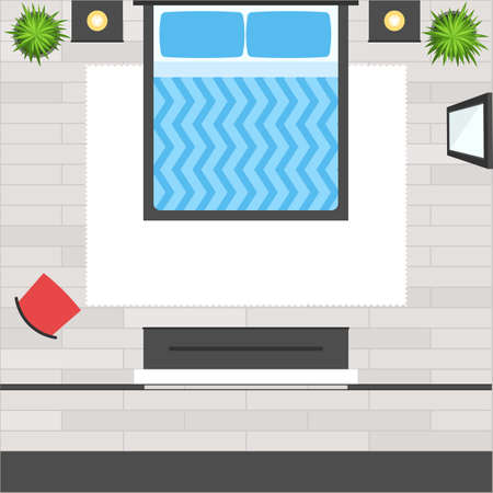 Top View Bedroom with bed, furniture, red chair, mirror, wooden floor, plant and dress room. Loft  modern design interior. Apartment plan. Vector illustration flat styeのイラスト素材