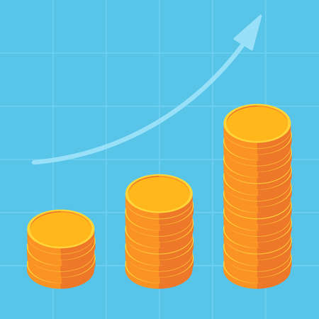 Piles of coins with going up the graph, Arrow up. Concept for financial growth. Vector illustration isometric designのイラスト素材