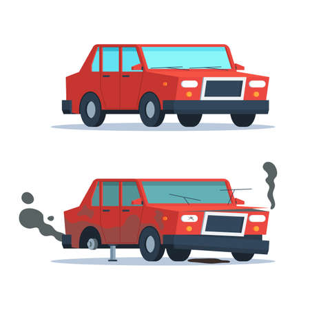Car sedan vehicle before and after car crash road accident. Wrecked and okay vehicle. Broken and new car. Vector trendy flat cartoon design isolated illustrationのイラスト素材