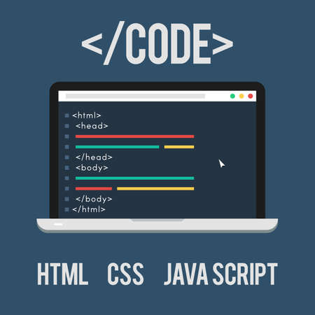 Web Development, code, html, css, java script. Concept Laptop of flat icon. Vector illustration for web design banner on site or printのイラスト素材