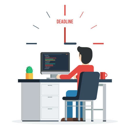 Deadline Concept of overworked man sitting infront of his table working on the computer having a problem reaching the deadline of his project. Trendy vector illustration concept in flat style designのイラスト素材